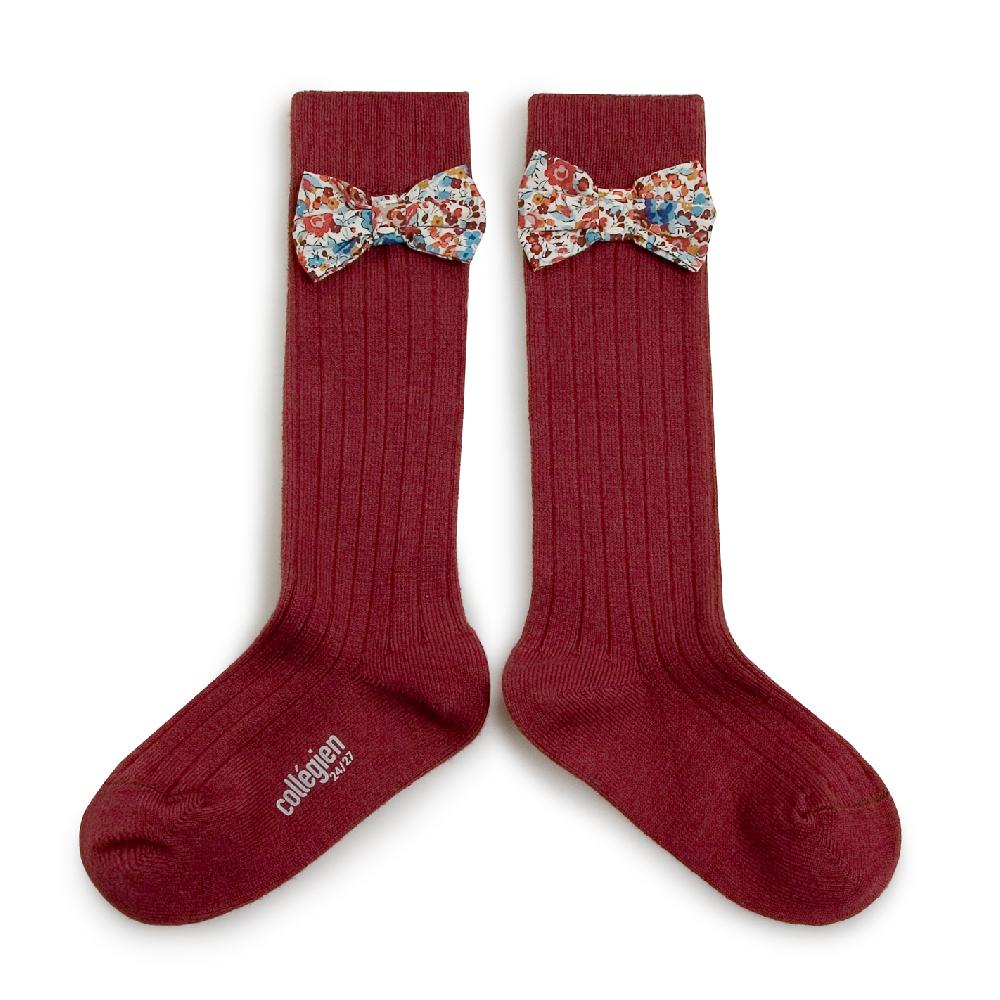 collégien Mathilde - Chaussettes hautes à côtes avec noeud Liberty - Châtaigne