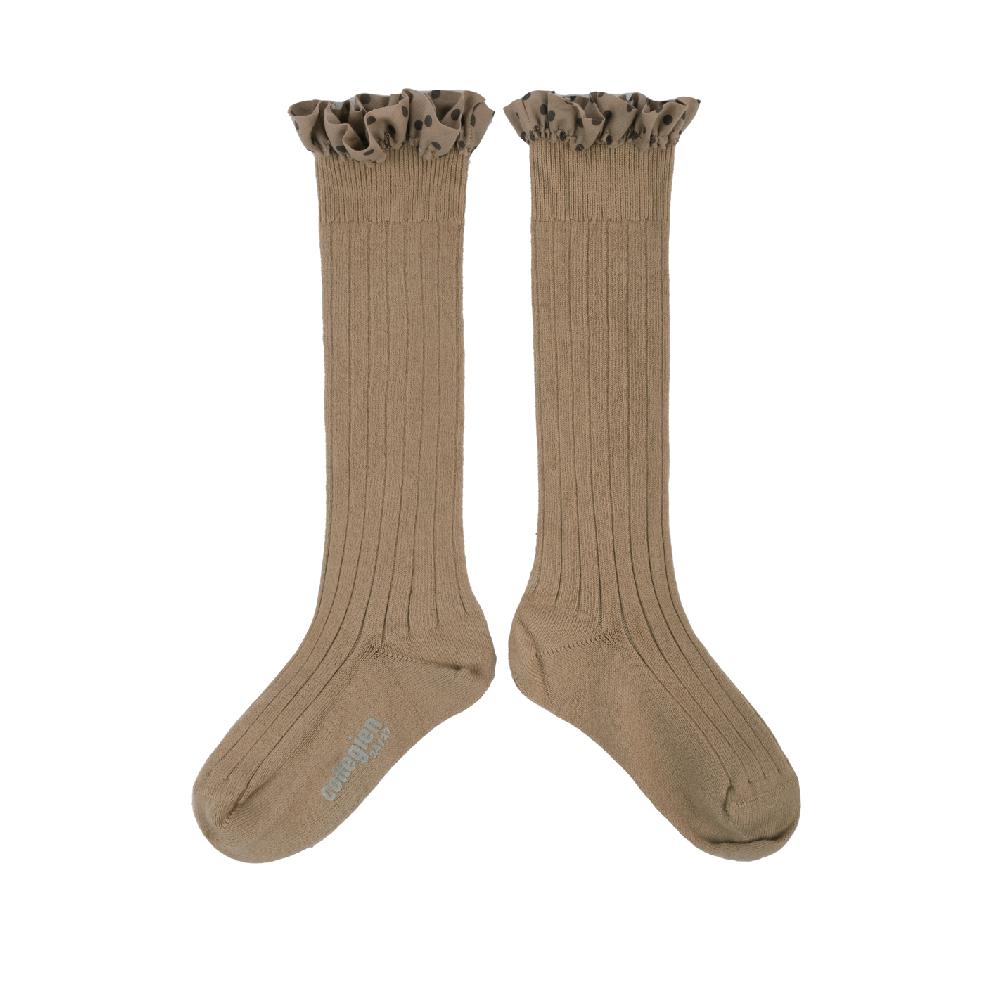collégien Maud - Chaussettes hautes à côtes avec volant à pois - Petite Taupe