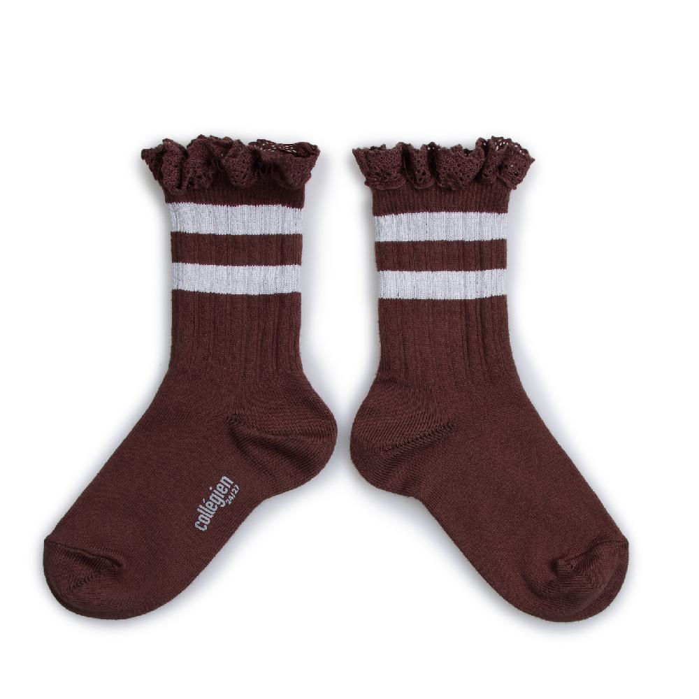 collégien Nicole - Chaussettes à côtes à rayures sport avec dentelle - Châtaigne