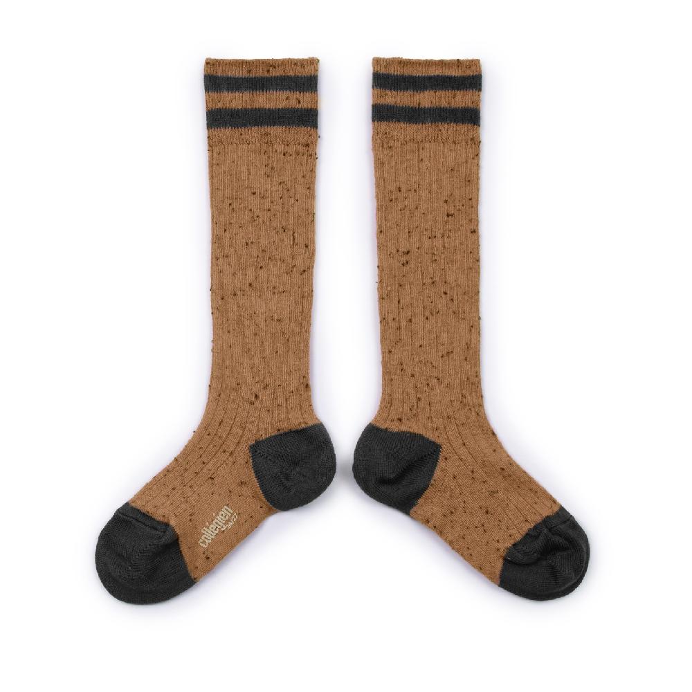 collégien Noa - Chaussettes hautes à côtes fil boutonné - Caramel au Beurre Salé