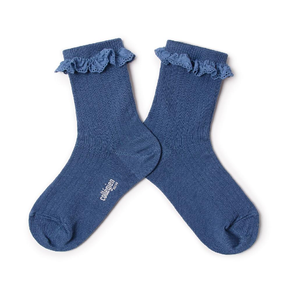 collégien Pauline - Chaussettes en fil d'Ecosse avec broderie anglaise - Bleu Saphir