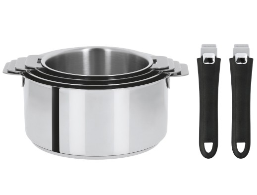 Cristel Set De 4 Casseroles Inox + 2 Poignées Amovibles Colorées Noir Mutine