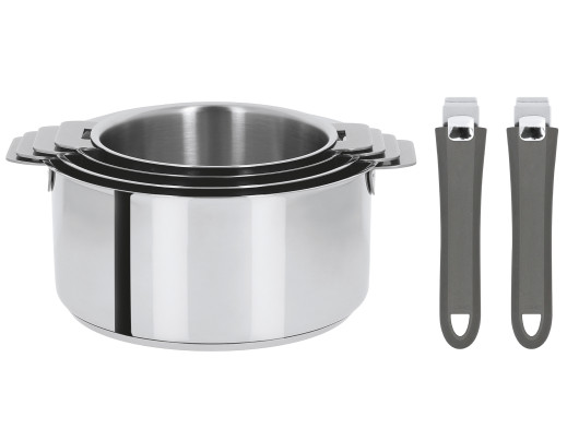 Cristel Set De 4 Casseroles Inox + 2 Poignées Amovibles Colorées Noir Mutine