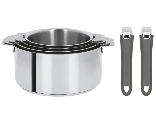 Cristel Set De 4 Casseroles Inox + 2 Poignées Amovibles Colorées Noir Mutine