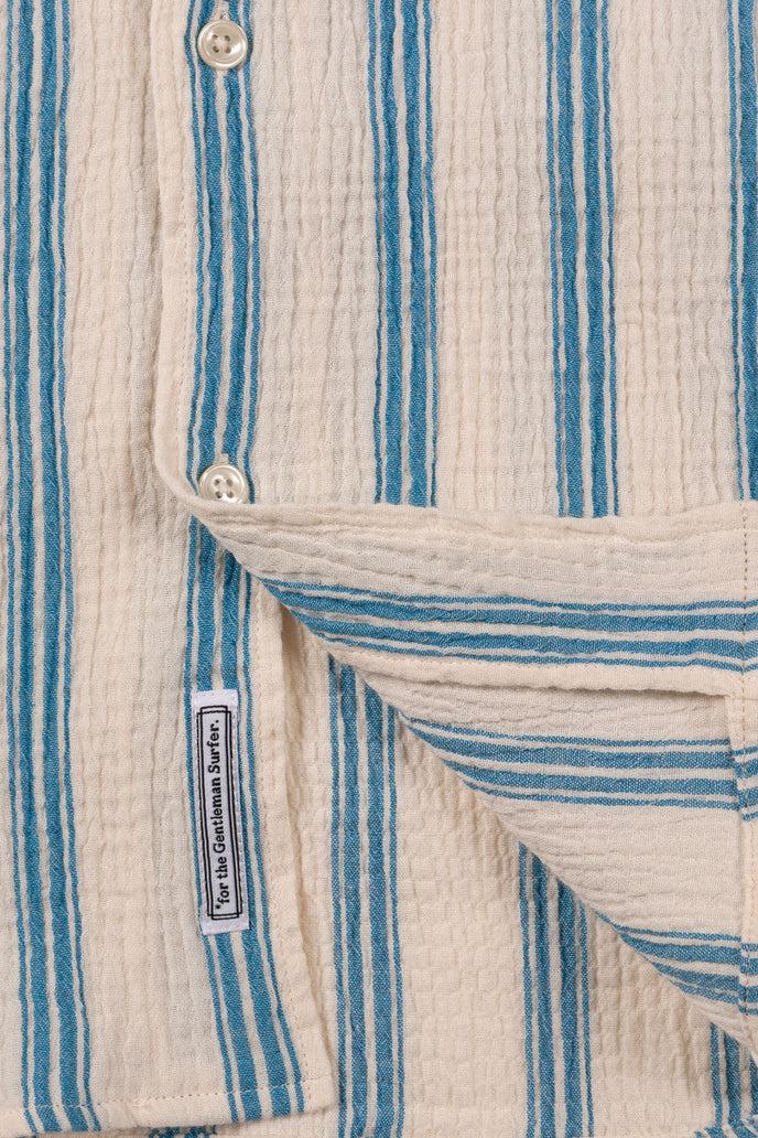 Cuisse De Grenouille CHEMISETTE COL CUBAIN EN GAZE DE COTON BLANC BLEU