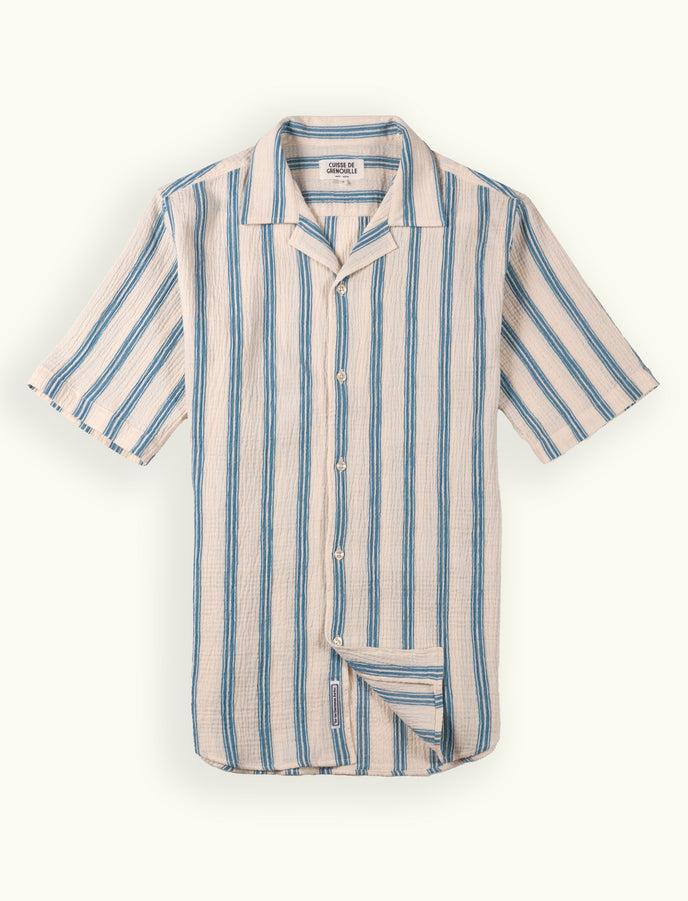 cuisse de grenouille CHEMISETTE COL CUBAIN EN GAZE DE COTON BLANC BLEU