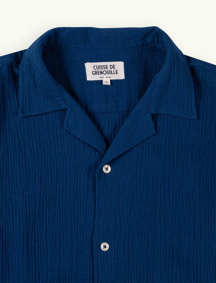 Cuisse De Grenouille CHEMISETTE COL CUBAIN EN GAZE DE COTON BLEU MARINE