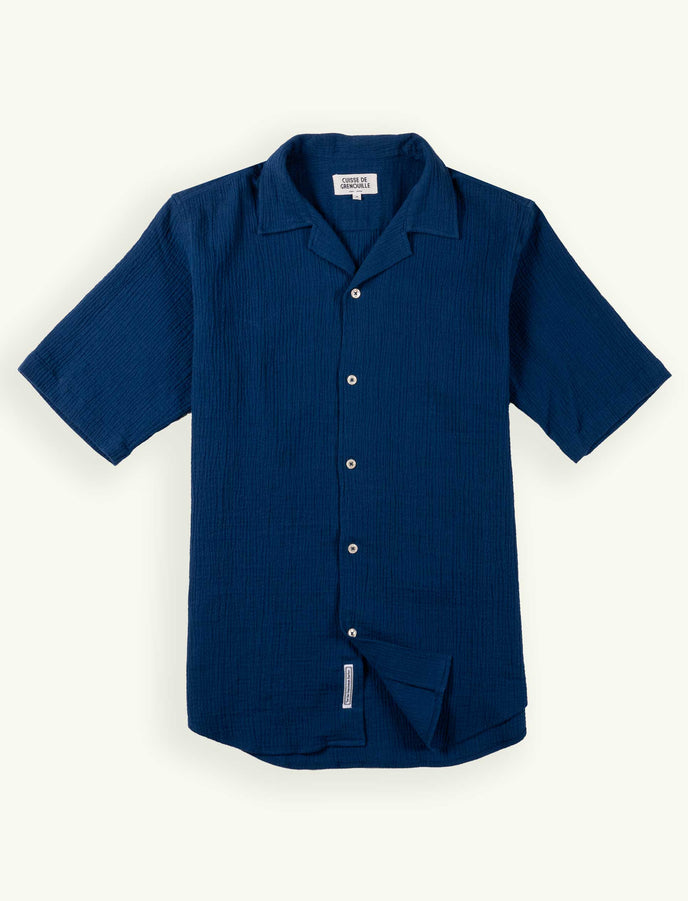 Cuisse De Grenouille CHEMISETTE COL CUBAIN EN GAZE DE COTON BLEU MARINE