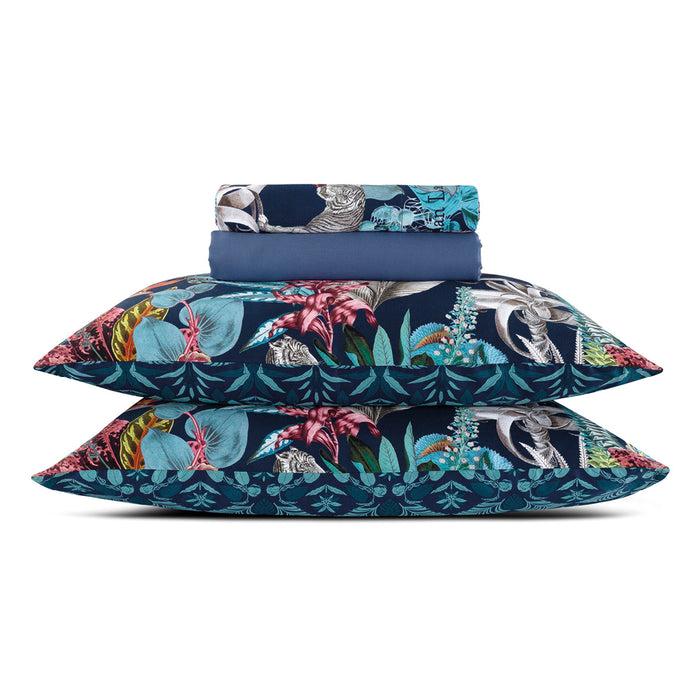 cxl by christian lacroix Ensemble de draps : drap-housse drap plat taie(s) d'oreiller en satin de coton - dessin Zanzibar bleu