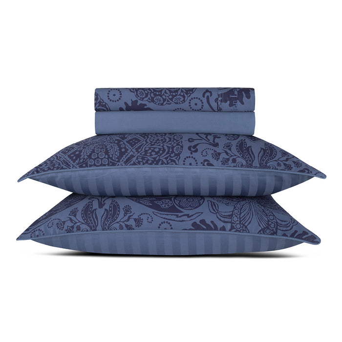 cxl by christian lacroix Ensemble de draps : drap-housse drap plat taie(s) d'oreiller en satin de coton - dessin Arles bleu