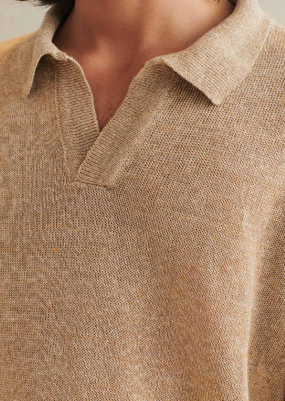 De Bonne Facture Polo Tricoté À Manches Longues Fil De Coton Et Lin Italien