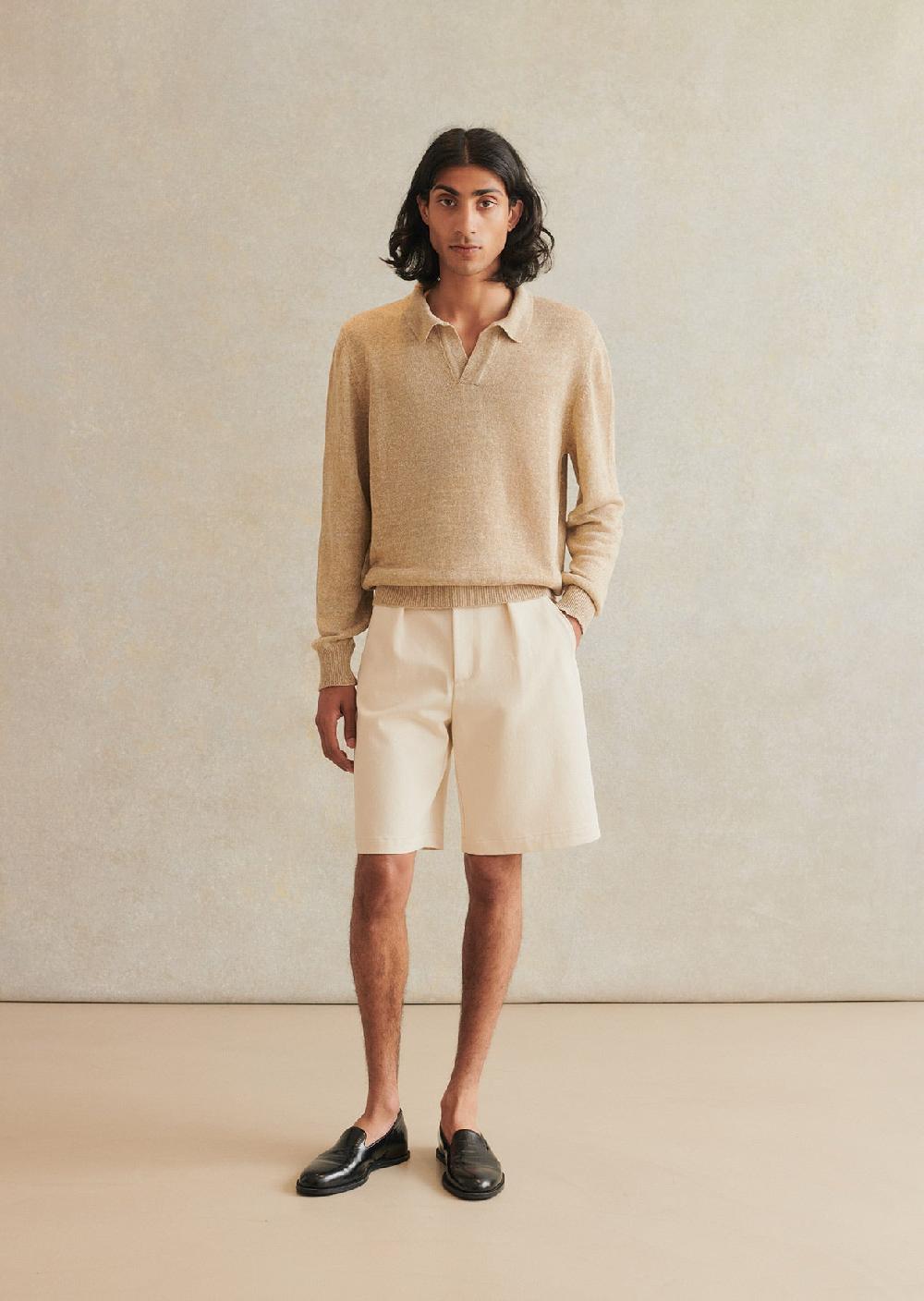 De Bonne Facture Polo Tricoté À Manches Longues Fil De Coton Et Lin Italien