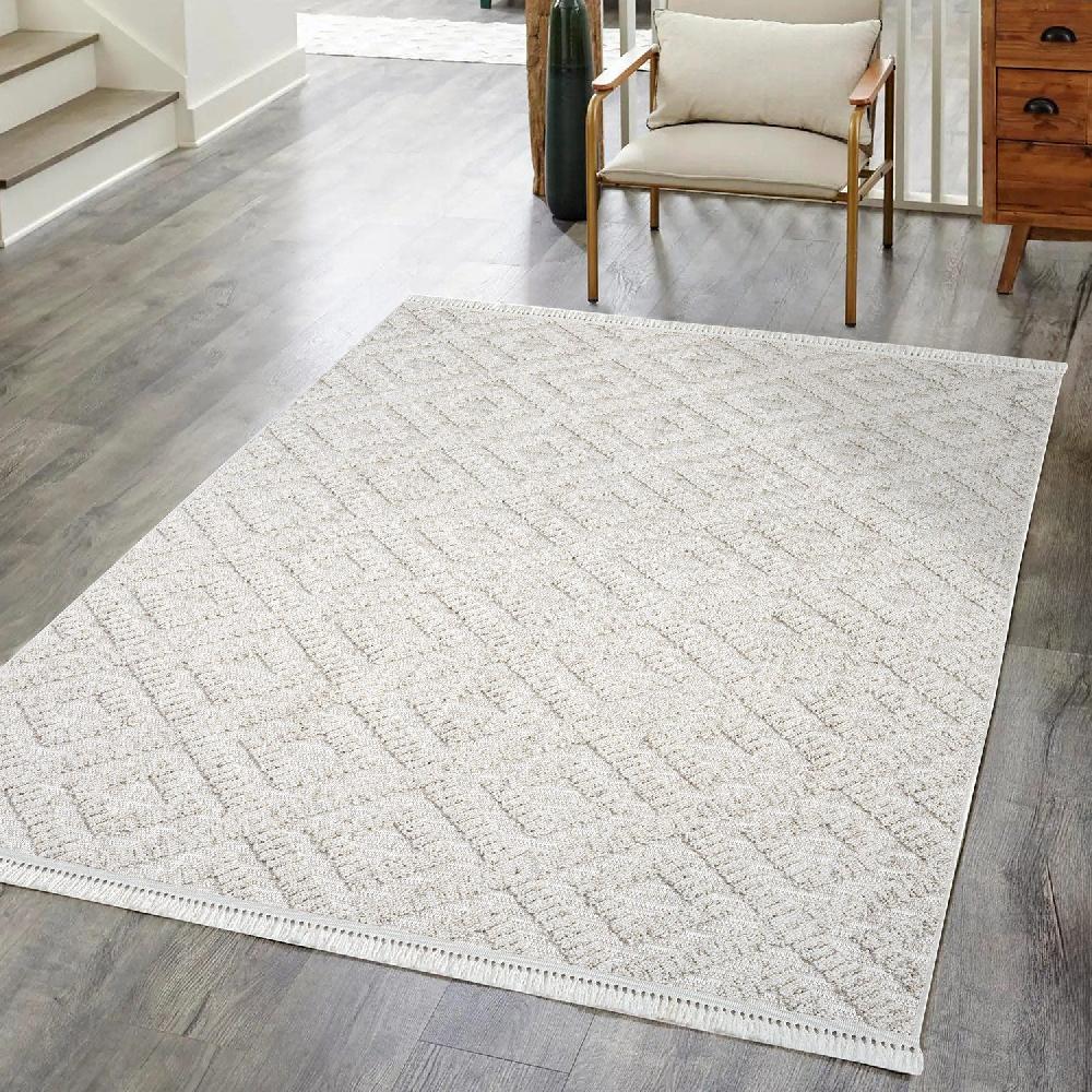 Deco Tapis Tapis Salon Relief à Franges Beige