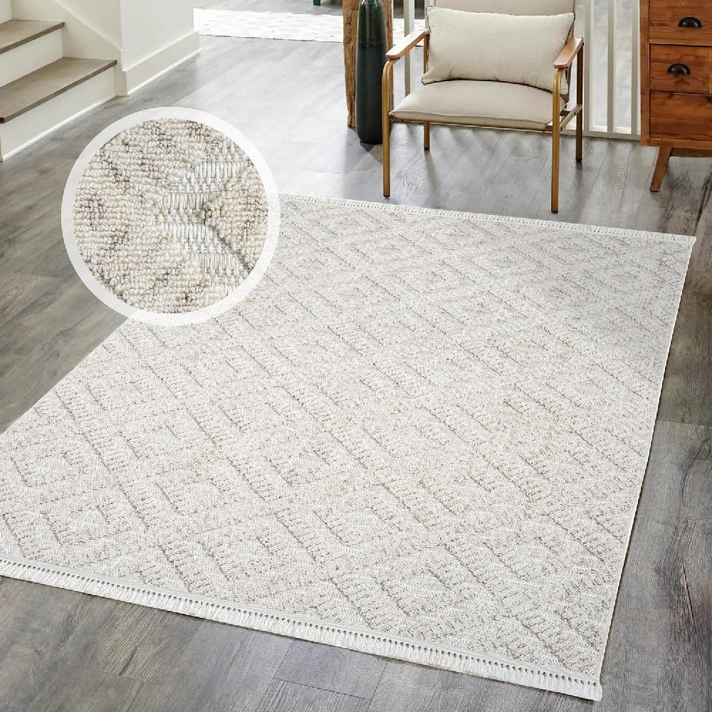 Deco Tapis Tapis Salon Relief à Franges Beige