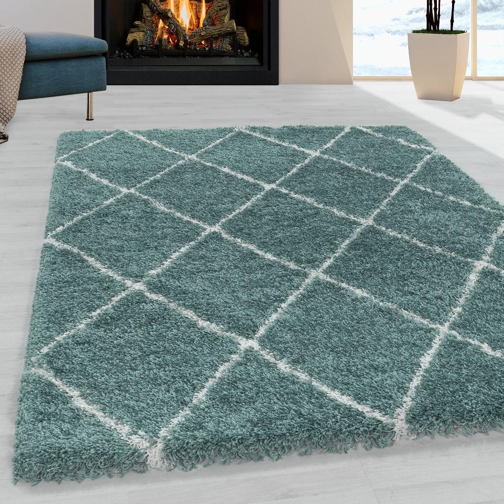 deco tapis Tapis à poils longs Bleu et motifs losanges Ivoire