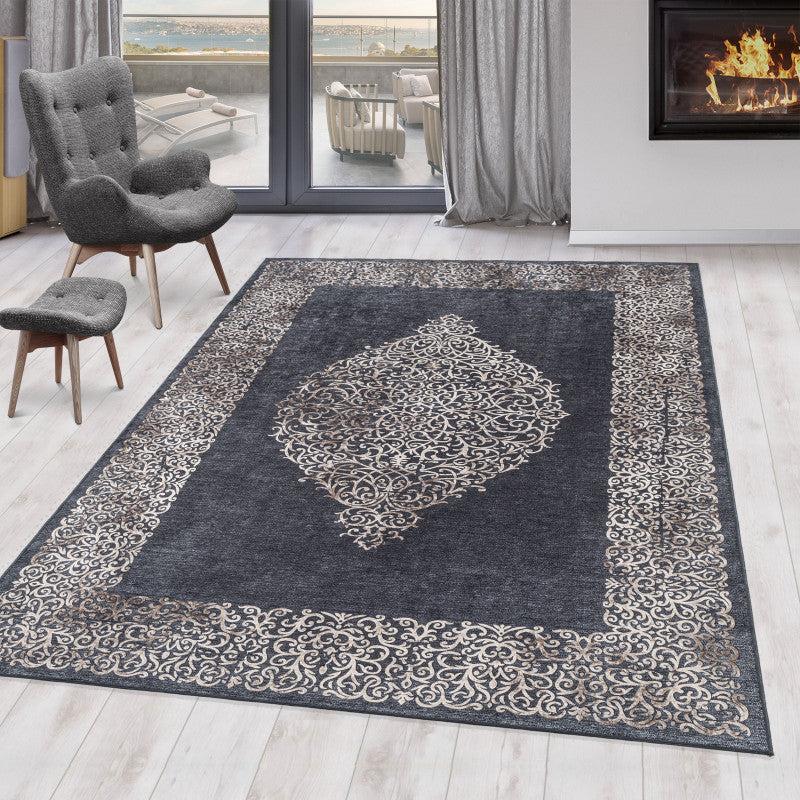 deco tapis Tapis Baroque Noir et Beige lavable en machine