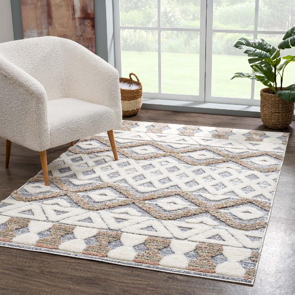 deco tapis Tapis Bohème à poils longs et relief beige et crème