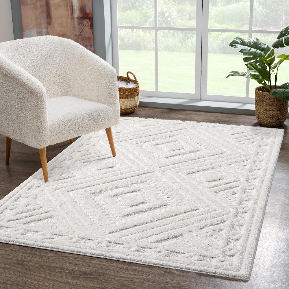 deco tapis Tapis Bohème à poils longs et relief crème