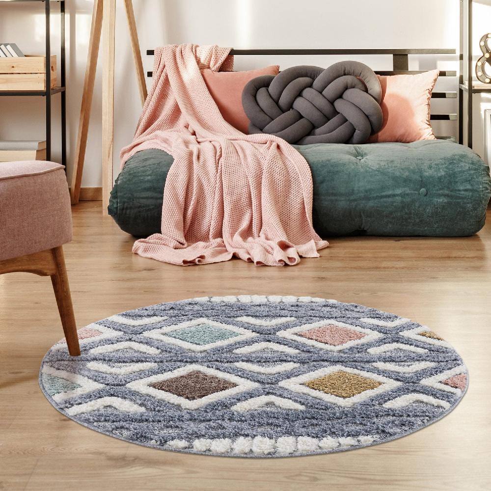 deco tapis Tapis Bohème rond à poils longs et relief Multicolore