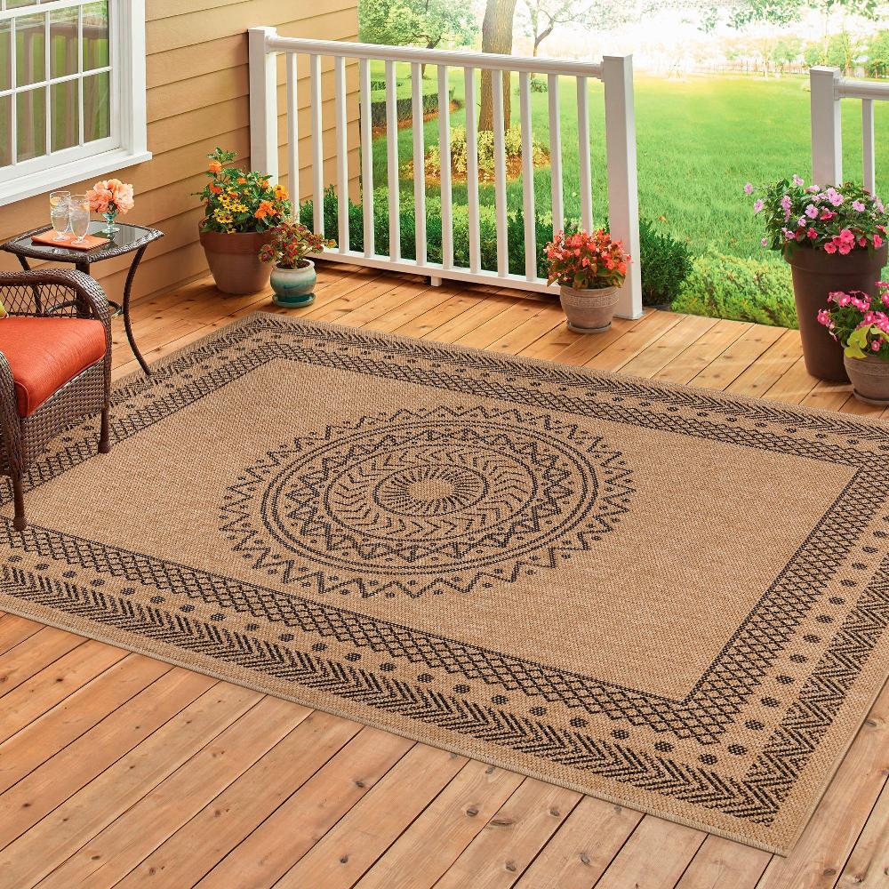 Deco Tapis Tapis Naturel Aspect Jute Motifs Géométrique Beige Et Noir