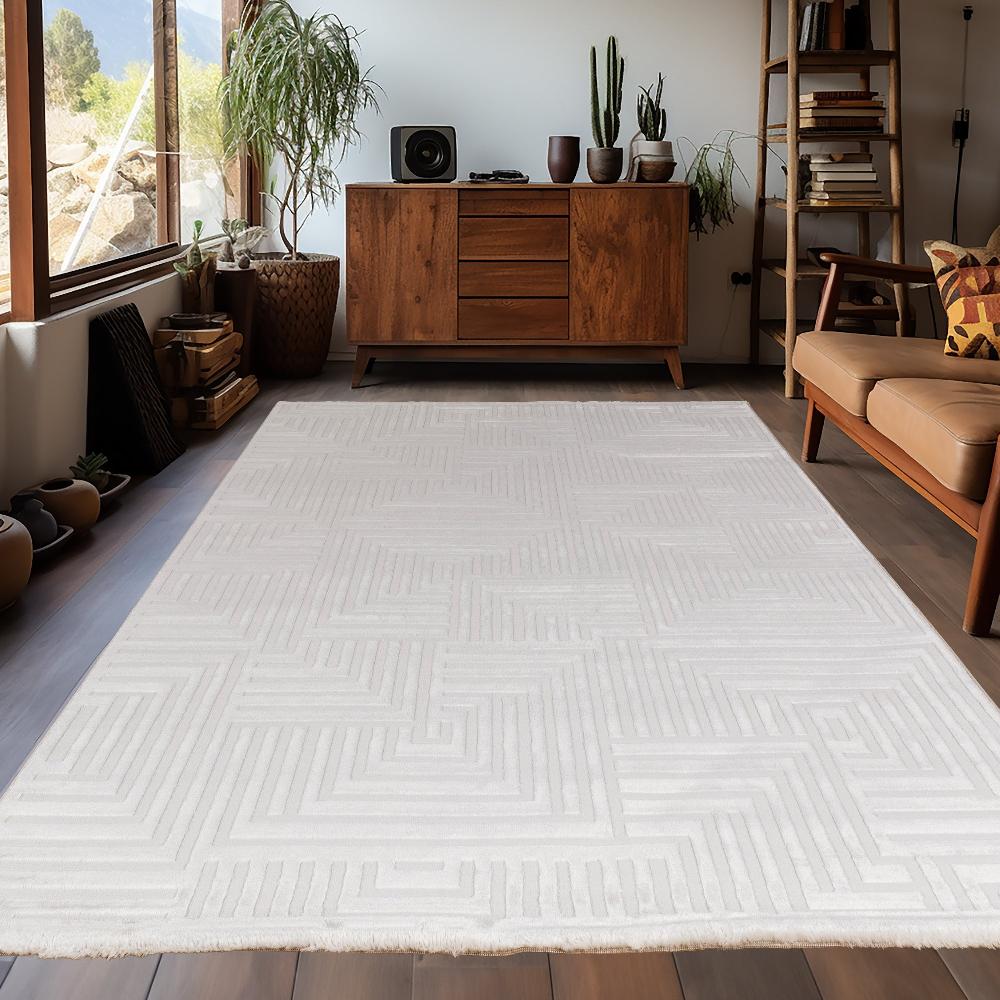 Deco Tapis Tapis Salon Beige Laineux à Motif En Relief ASWAN