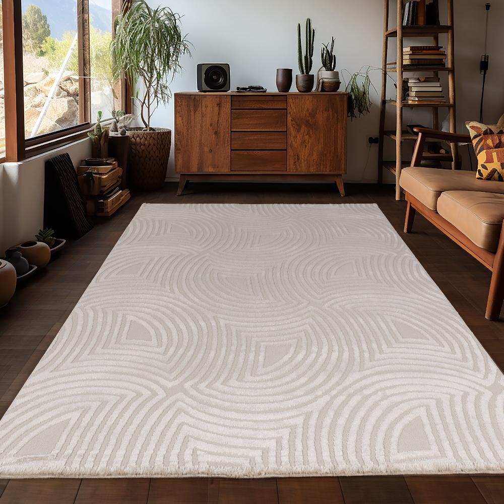 Deco Tapis Tapis Salon Beige Laineux à Motif En Relief MEDUSE