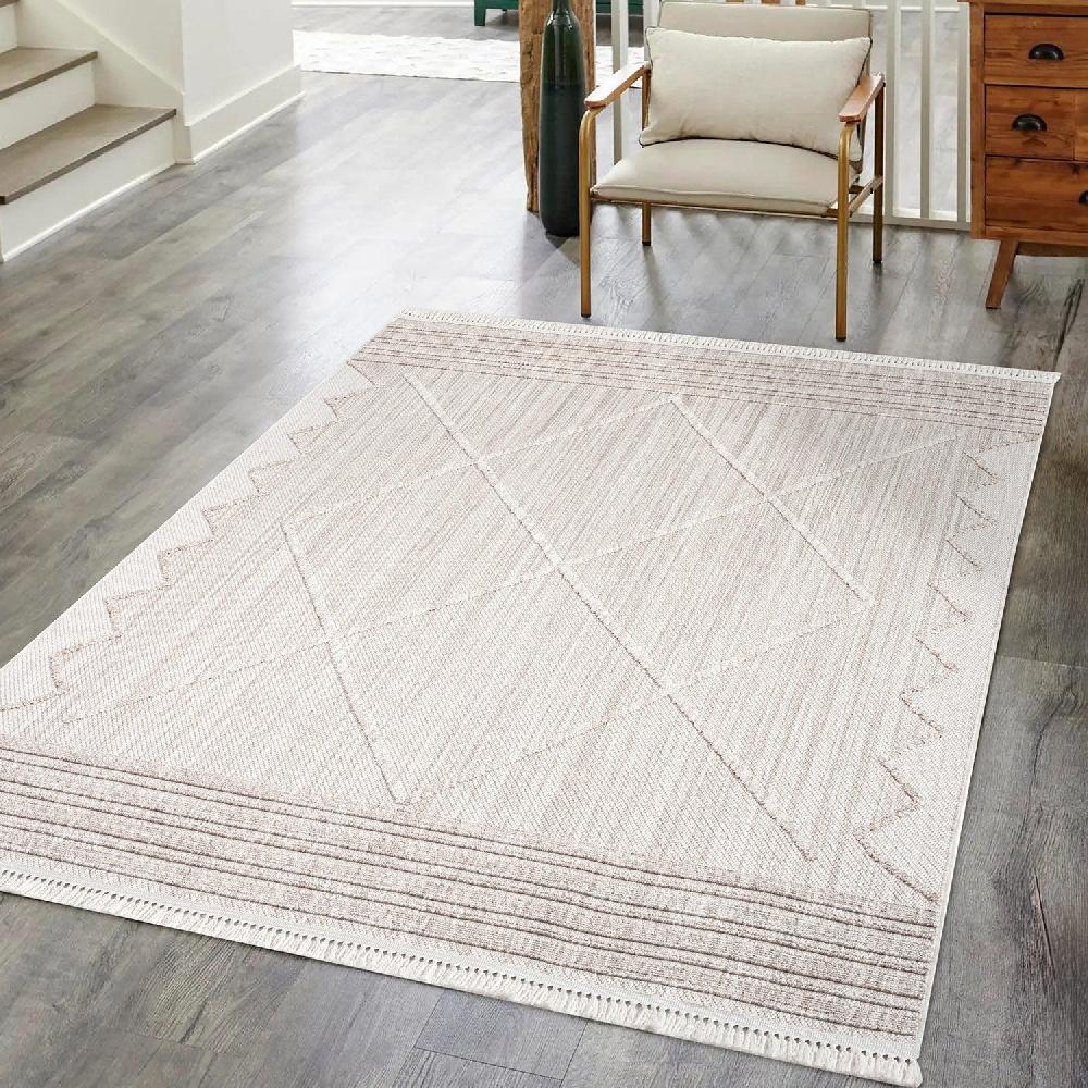 Deco Tapis Tapis Salon Ethnique Laineux à Franges Beige