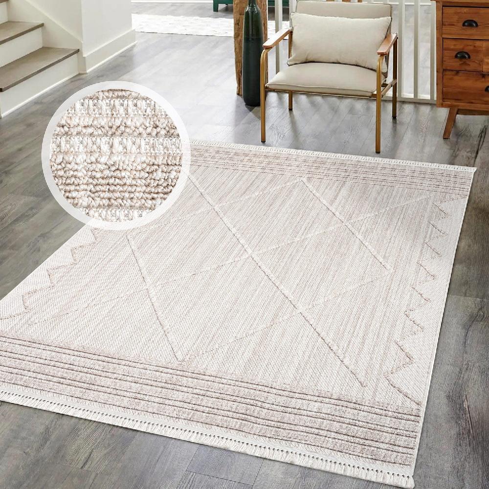 Deco Tapis Tapis Salon Ethnique Laineux à Franges Beige