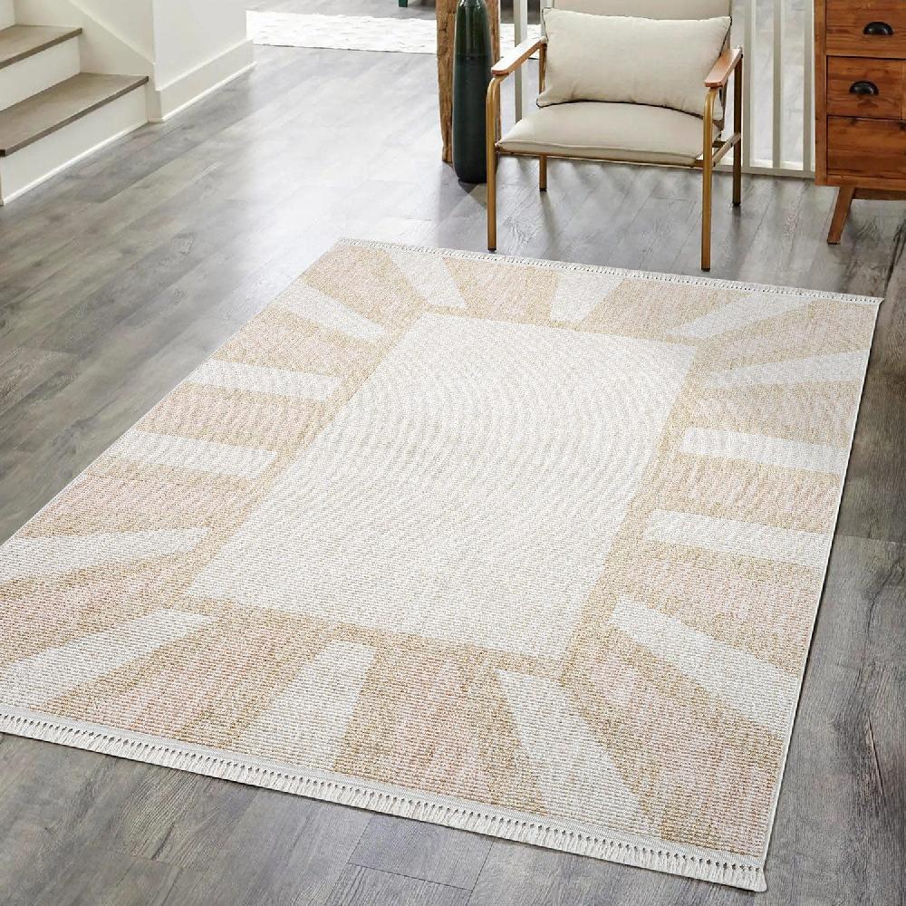 Deco Tapis Tapis Salon Sunny à Franges Beige Et Rose