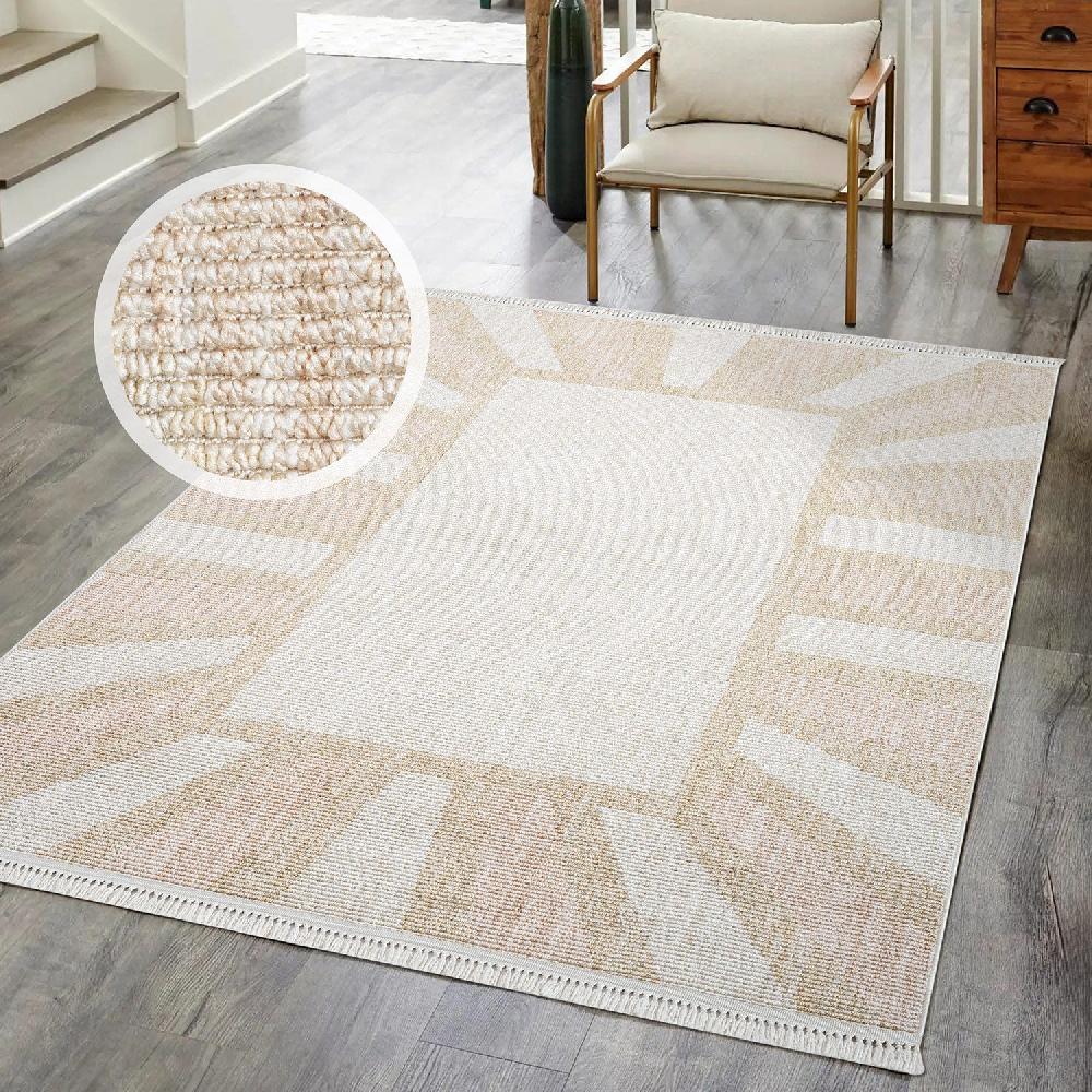 Deco Tapis Tapis Salon Sunny à Franges Beige Et Rose