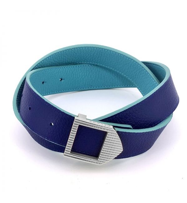 Delage Ceinture Cuir Turquoise & Bleu Saphir / Boucle Argentée