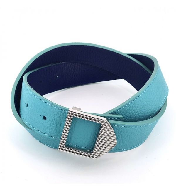delage Ceinture cuir Turquoise & Bleu saphir / boucle argentée