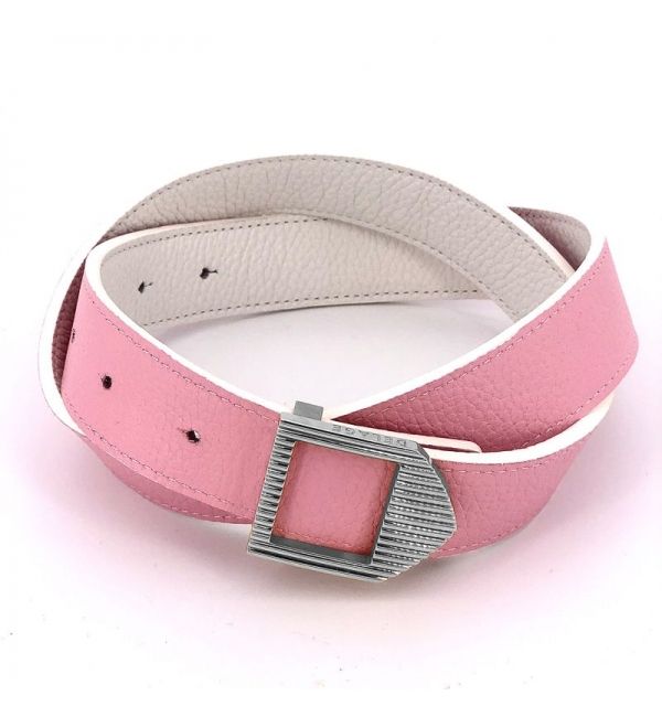 Delage Ceinture Cuir Blanc & Rose / Boucle Argentée