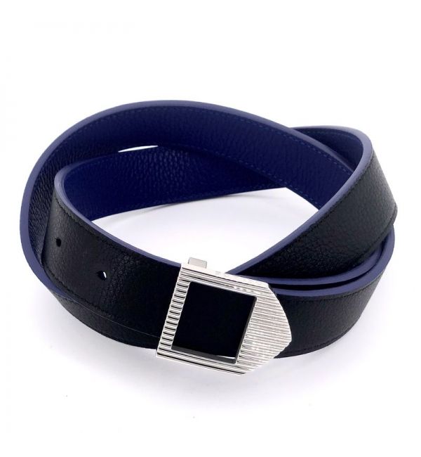 Delage Ceinture Cuir Bleu & Noir / Boucle Argentée