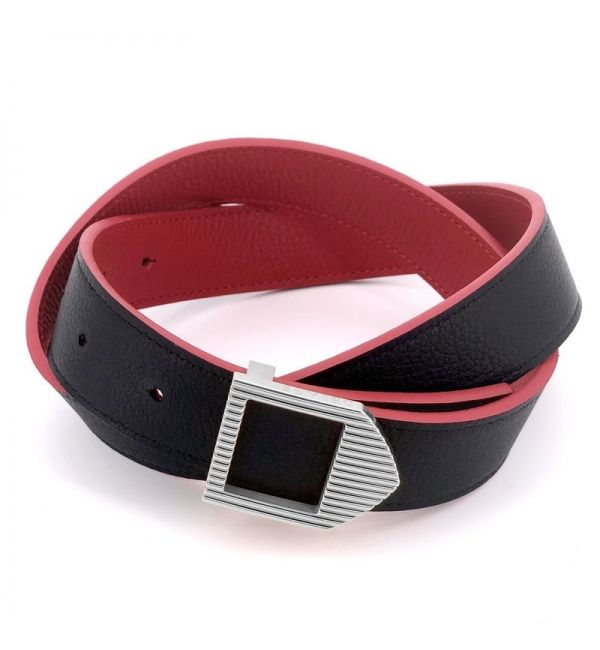 Delage Ceinture Cuir Rouge & Noir / Boucle Argentée
