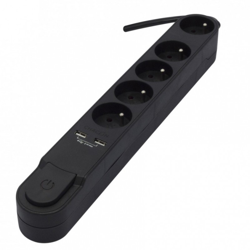 dema Bloc multiprises CHACON 5 prises + 2 USB noir + interrupteur 3 m