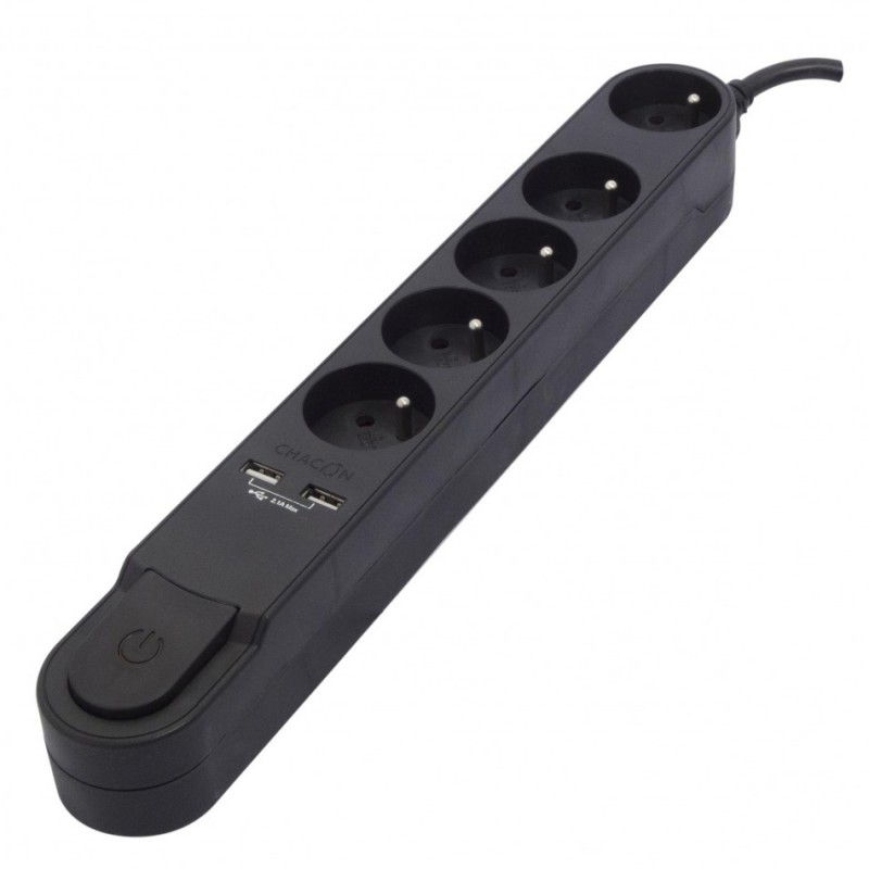 dema Bloc multiprises CHACON 5 prises + 2 USB noir + interrupteur 1 5 m