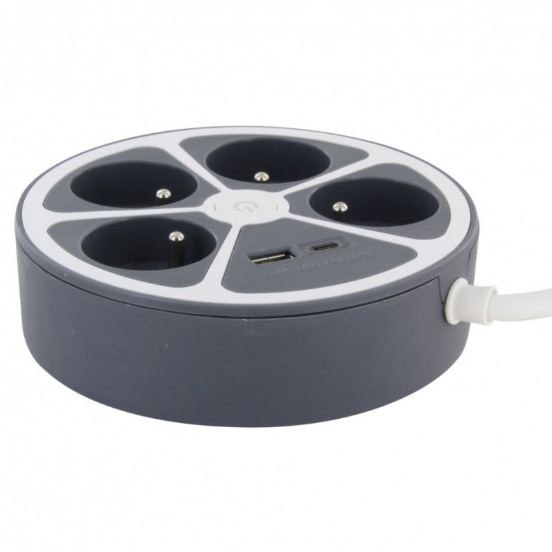 Dema Bloc Multiprises Rond CHACON 4 Prises + 2 USB/USB C + Interrupteur 1 5 M