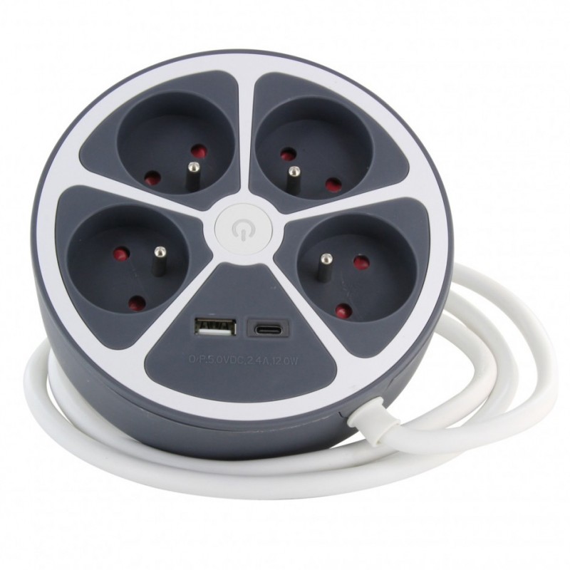 dema Bloc multiprises rond CHACON 4 prises + 2 USB/USB C + interrupteur 1 5 m
