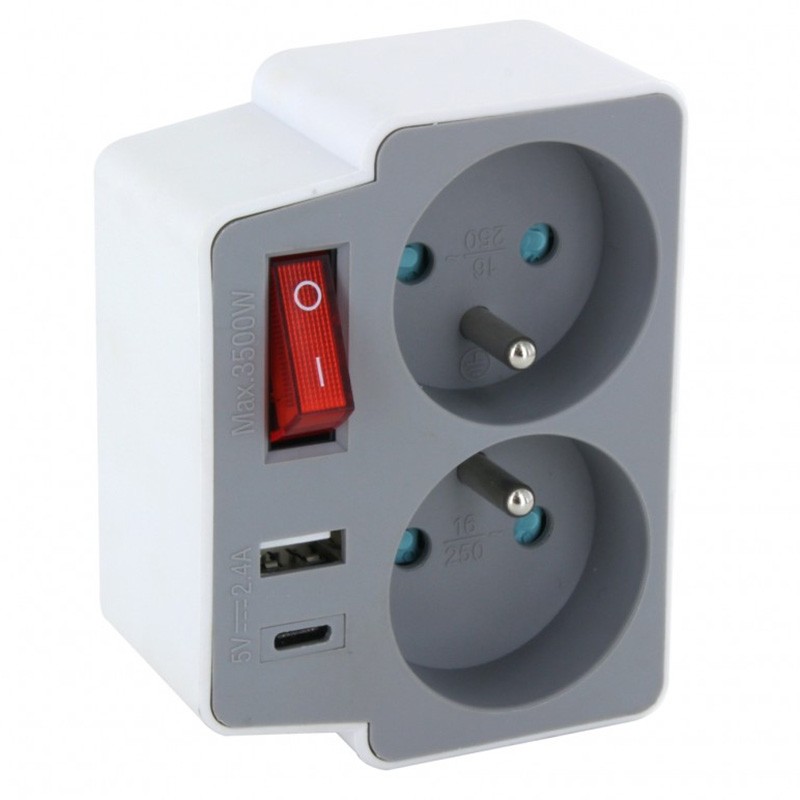 dema Domino 2P 16A +USB / USB C gris/blanc avec interrupteur