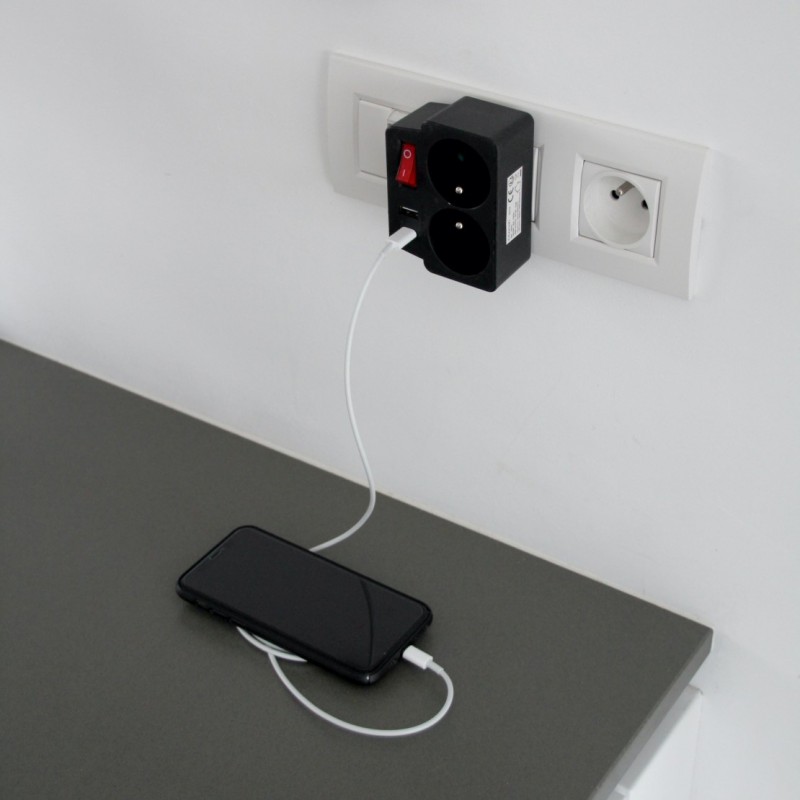 Dema Domino 2P 16A +USB / USB C Noir Avec Interrupteur