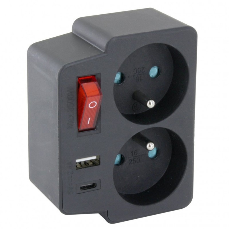 dema Domino 2P 16A +USB / USB C noir avec interrupteur