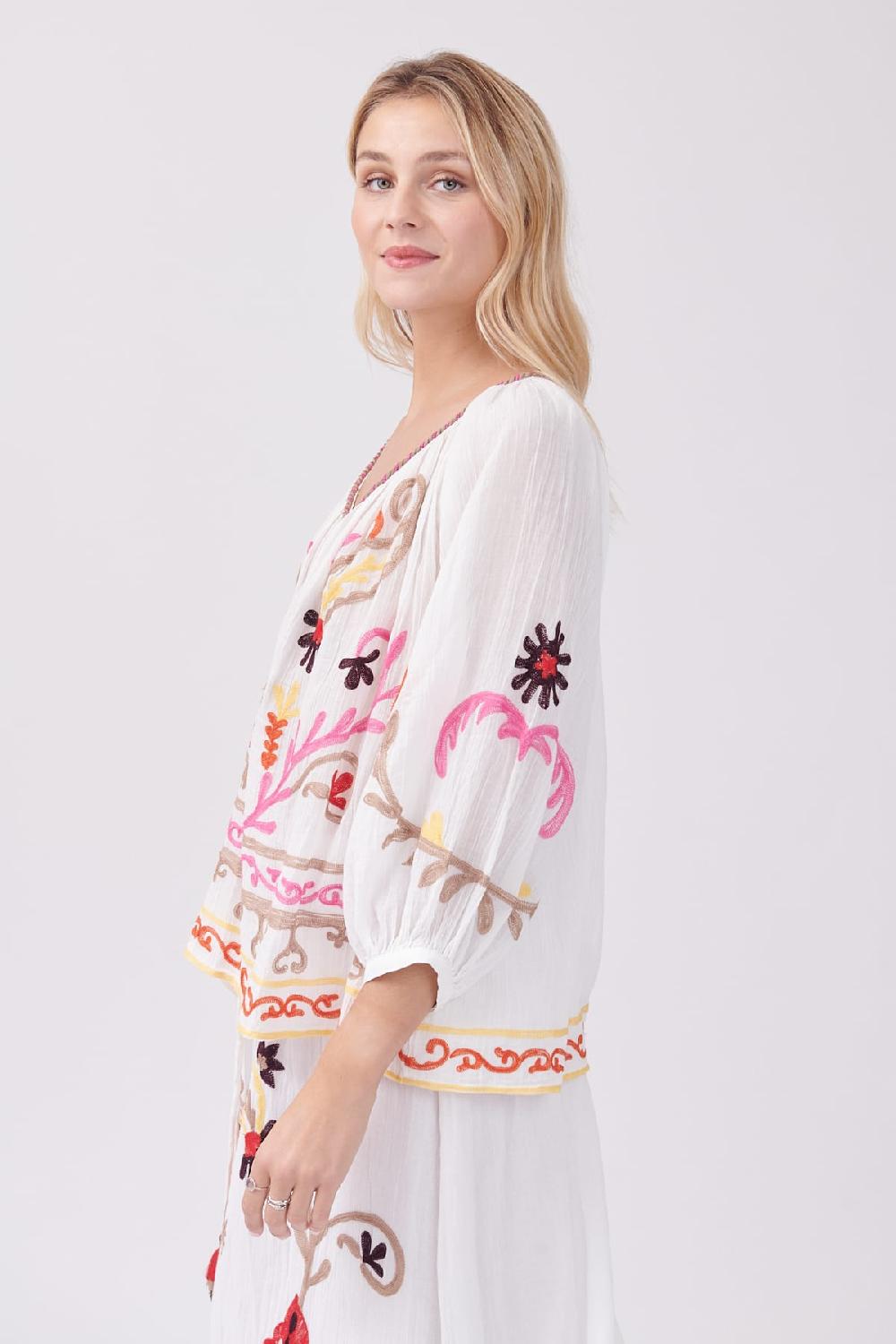 Derhy Blouse Ample Brodée Col V Manches Longues OBJECTIF