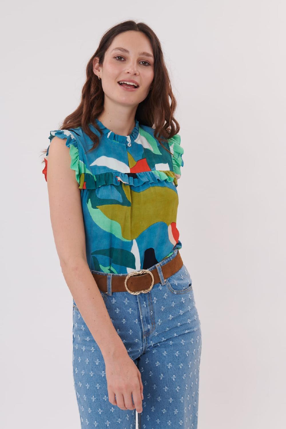 Derhy Blouse Imprimée à Volants Sans Manches RESULTAT