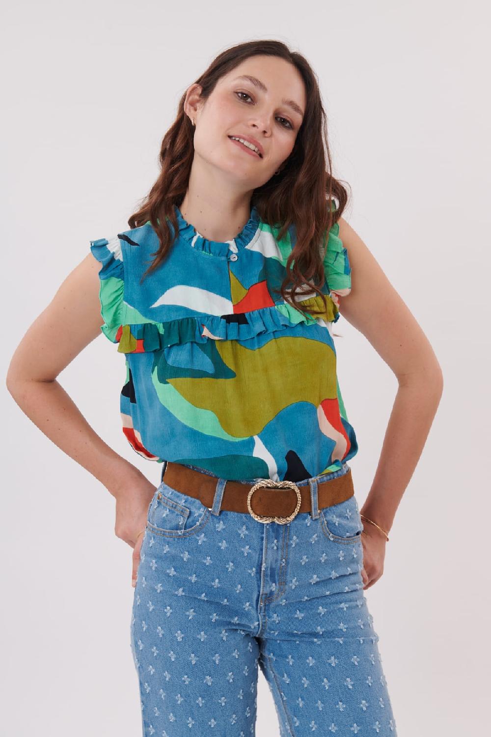 Derhy Blouse Imprimée à Volants Sans Manches RESULTAT