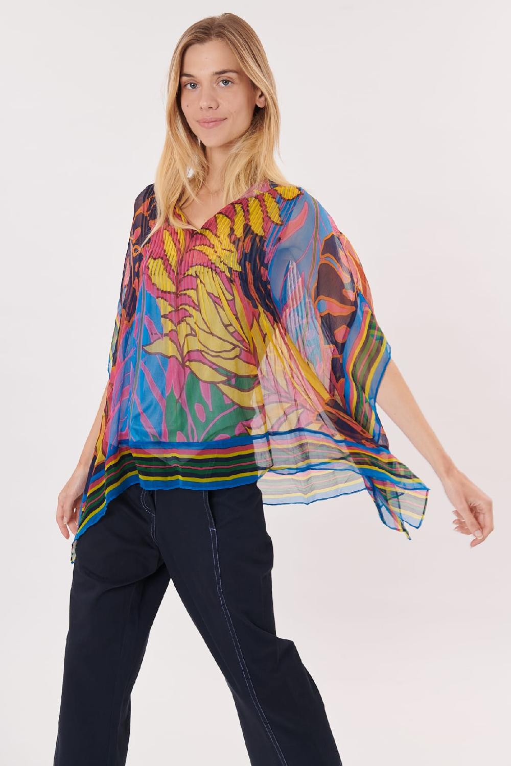 Derhy Blouse Poncho Imprimée Manches 3/4 Col Rond ROSE