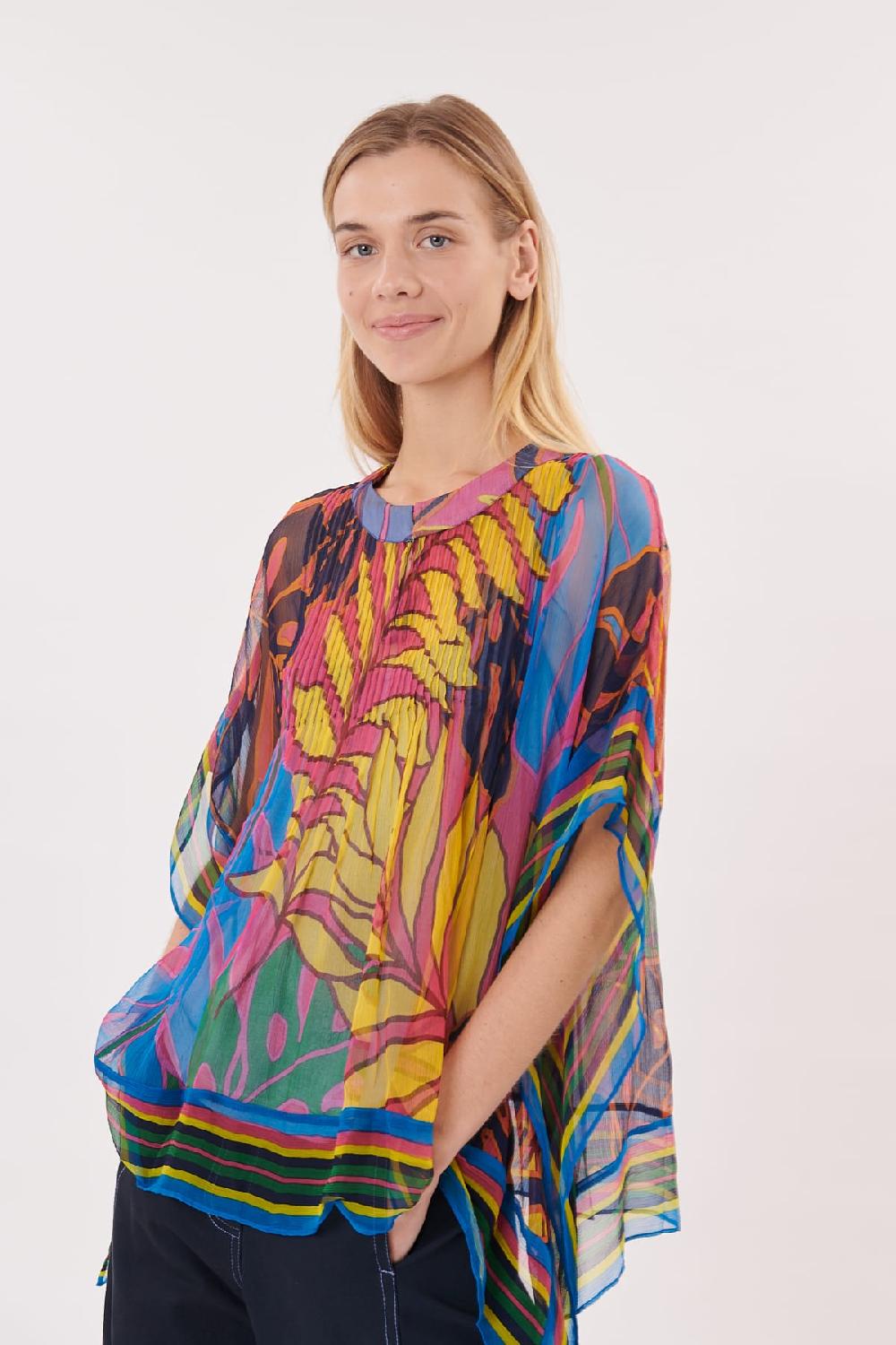 Derhy Blouse Poncho Imprimée Manches 3/4 Col Rond ROSE