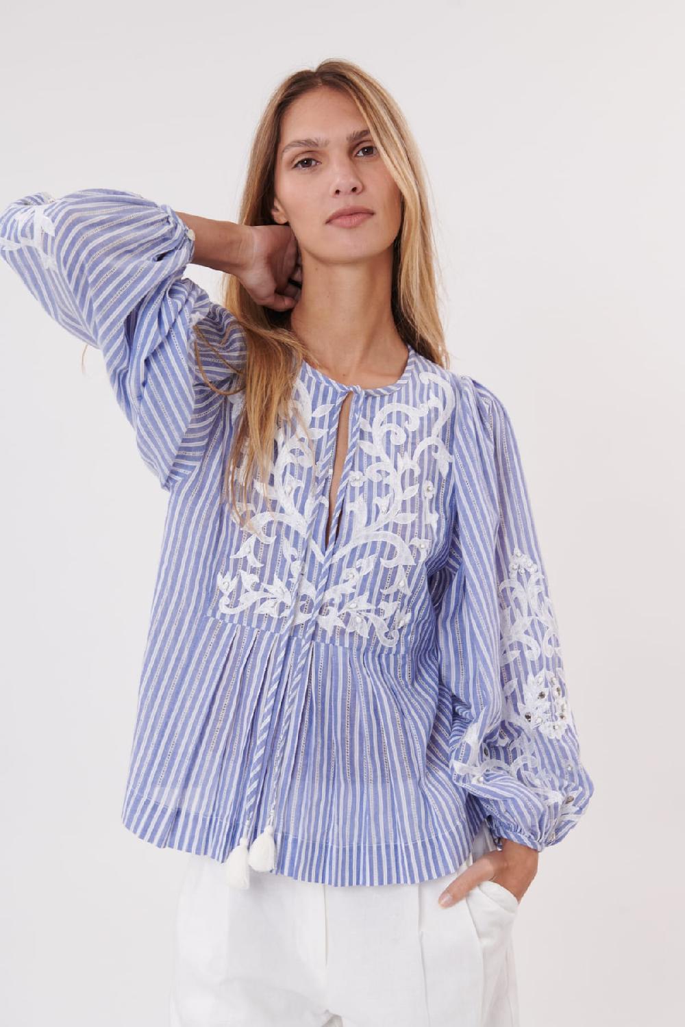 Derhy Blouse Rayée Et Brodée En Coton Manches Longues ODEON