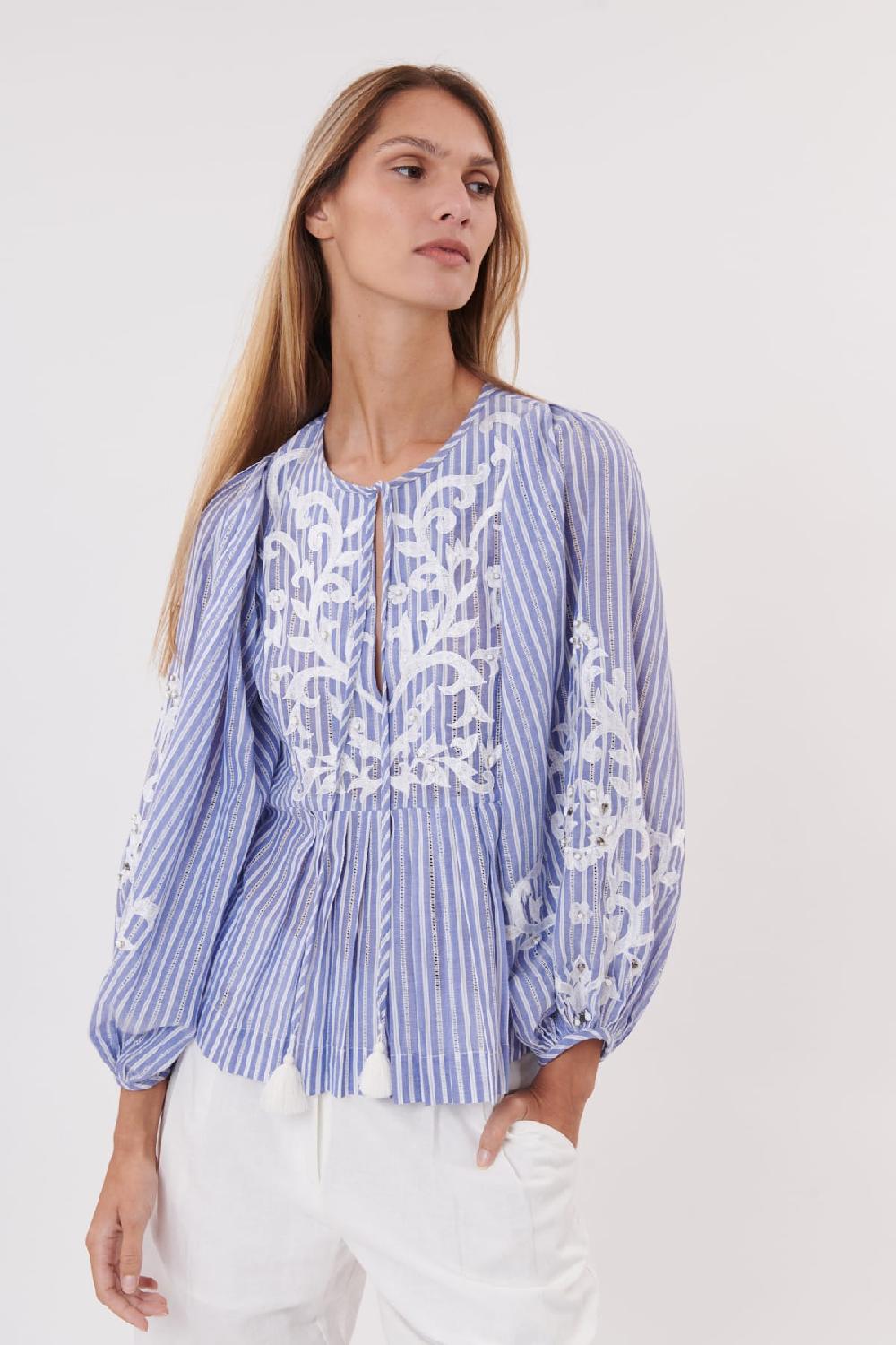 Derhy Blouse Rayée Et Brodée En Coton Manches Longues ODEON