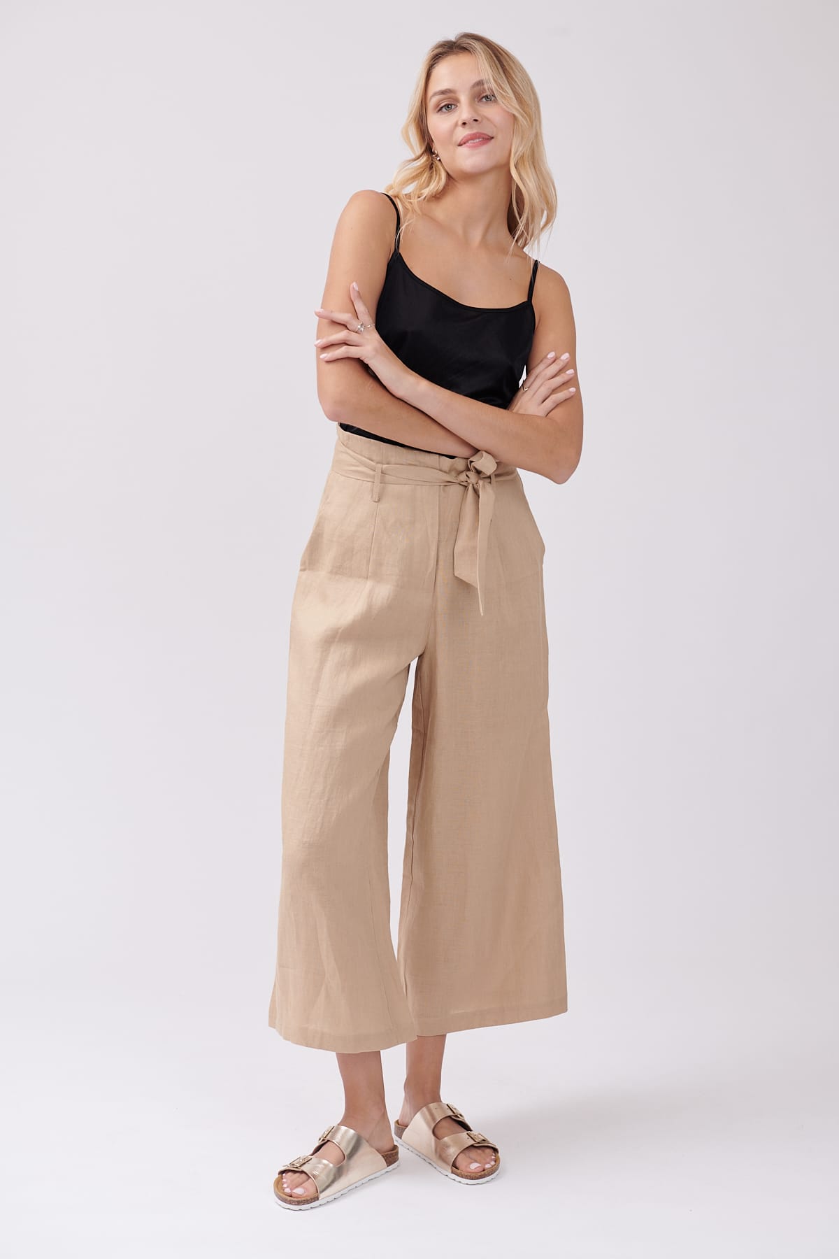Derhy Pantalon Ample 7/8 Uni En Lin PEARL